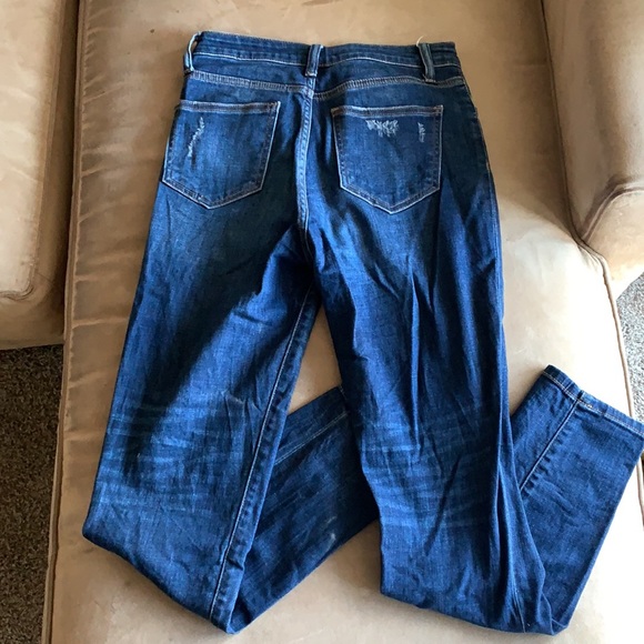 High waisted dark wash denim with slight distressing. - Picture 2 of 5